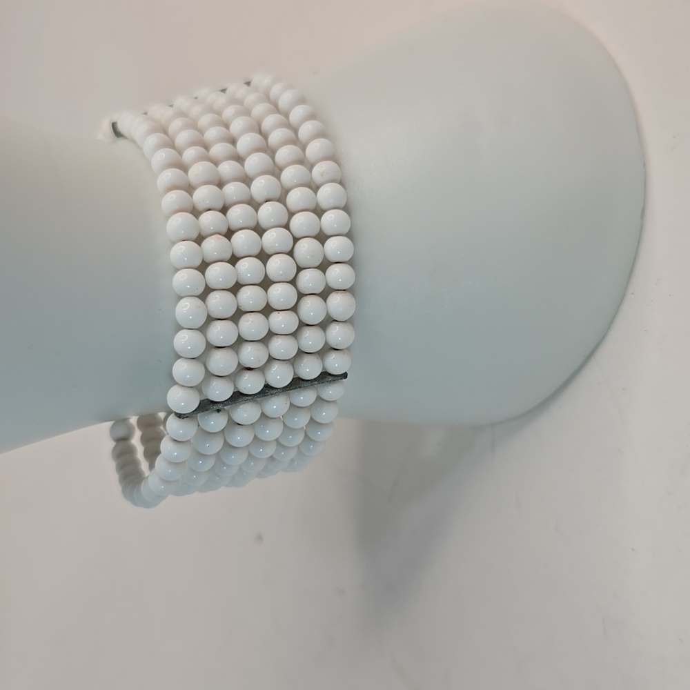 Vintage Retro MCM White Milkglass Wired Beaded Wrap Cuff Bracelet - Picture 2 of 6